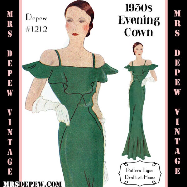 Vintage Sewing Pattern Template & Scale Rulers 1930s Evening Gown in Any Size- PLUS Size Included-  1212 -INSTANT DOWNLOAD-