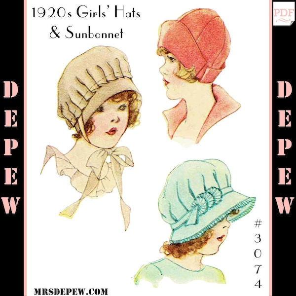 Patrón de costura vintage de la década de 1920 para niñas Cloche Hat & Sunbonnet #3074 con lecciones de cinta -DESCARGA INSTANTE-