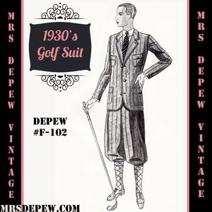 May include: A black and white illustration of a 1930s golf suit. The suit features a striped jacket with a pocket on the chest and a matching pair of striped trousers. The person in the illustration is holding a golf club.