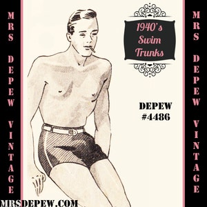 Menswear Vintage Sewing Pattern 1940s Men&#39;s James Bond Swim Trunks in Any Size Depew 4486 - Plus Size Included -INSTANT DOWNLOAD-