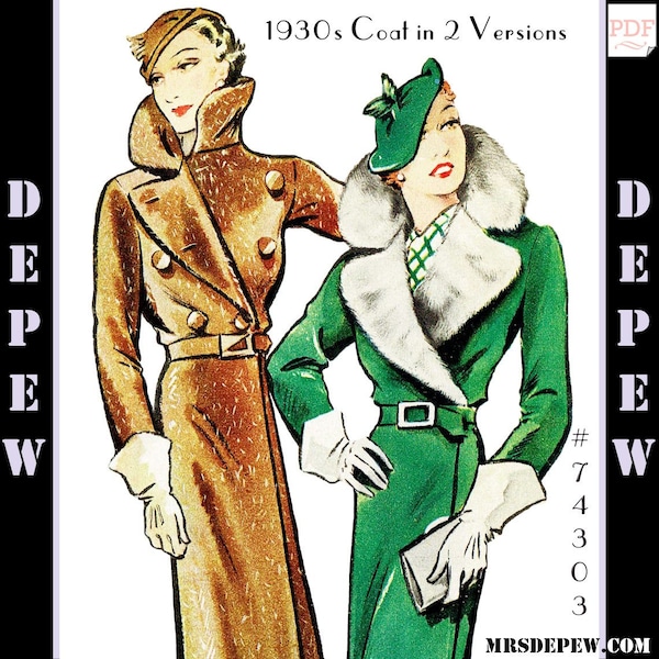 Vintage Sewing Pattern Ladies' 1930s Long Coat in 2 Versions #74303 - INSTANT DOWNLOAD