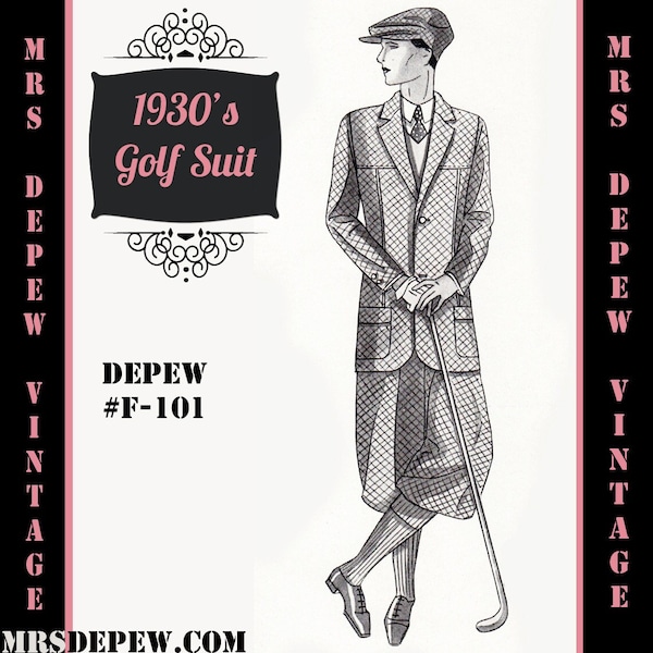 Menswear Vintage Sewing Pattern 1930's Men's Golf Suit Coat and Trousers in Any Size Depew F-101 - Plus Size Included -INSTANT DOWNLOAD-