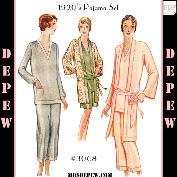 Vintage Sewing Pattern 1920s Ladies' Pajama Set #3068 -INSTANT DOWNLOAD PDF