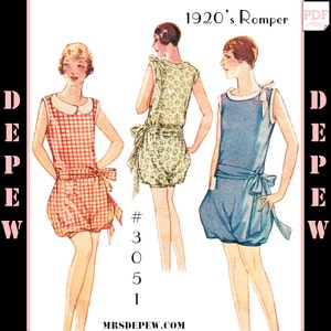 Puede incluir: Ilustración vintage de un patrón de pelele de los años 1920. La imagen presenta tres figuras con diferentes diseños de peleles: cuadros rojos, estampado floral y azul liso. Cada pelele tiene un lazo en la cintura. El texto "1920's Romper" está en la parte superior.