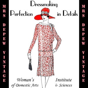 Puede incluir: Ilustración vintage de una mujer con un vestido estampado en rojo y blanco y un sombrero rojo de ala ancha. La imagen incluye el texto "Dressmaking Perfection in Details" y "Woman's of Domestic Arts Institute & Sciences".