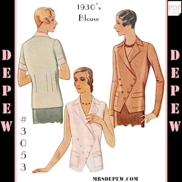 Vintage Sewing Pattern Reproduction Ladies' 1930s Blouse Vest #3053 36" Bust- INSTANT DOWNLOAD