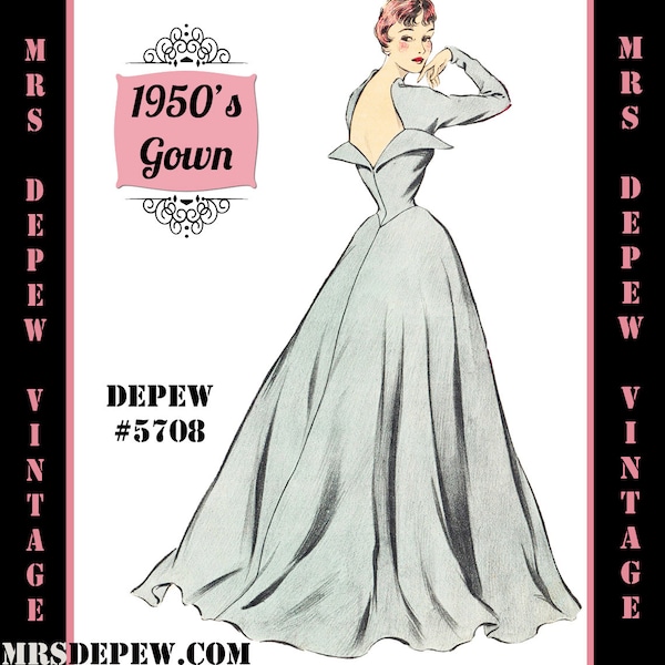 Vintage Sewing Pattern Template & Scale Rulers 1950s Long Sleeve Evening Gown in Any Size - PLUS Size Included -  5708-INSTANT DOWNLOAD-