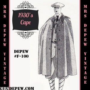 Menswear Vintage Sewing Pattern 1930&#39;s Mens&#39; or Ladies&#39; Cape in Any Size Depew F-100 - Plus Size Included -INSTANT DOWNLOAD-