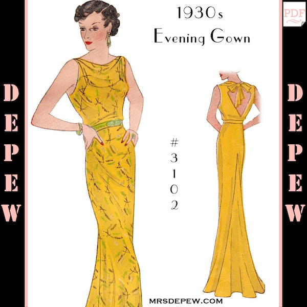 Vintage Sewing Pattern 1930s Ladies' Cowl Neck Evening Gown #3102 - INSTANT DOWNLOAD