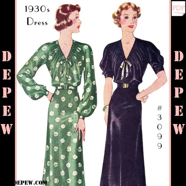 Vintage Sewing Pattern 1930s Raglan Sleeve Dress Size 38" Bust #3099 - INSTANT DOWNLOAD PDF