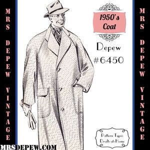 Menswear Vintage Sewing Pattern 1950's Men's Raglan Sleeve Overcoat in Any Size Depew 6450 - Plus Size Included -INSTANT DOWNLOAD-