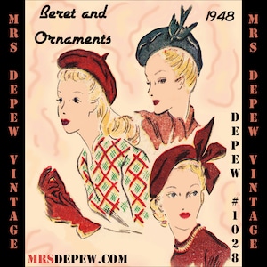 Vintage Sewing Pattern French Beret and Ornaments Reproduction 1940's Depew 1028 INSTANT DOWNLOAD image 1
