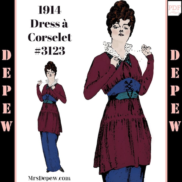 Vintage Sewing Pattern 1914 Ladies' Dress Pattern 35" Bust Depew 3123 -INSTANT DOWNLOAD-