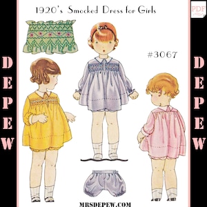 Vintage Sewing Pattern Girls' 1930s Smocked Dress & Bloomers #3067 - INSTANT DOWNLOAD PDF