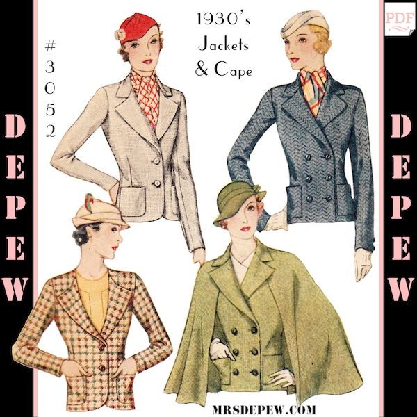 Vintage Sewing Pattern Ladies' 1930s Jacket and Cape #3052 - INSTANT DOWNLOAD