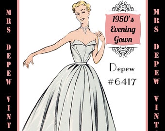 Vintage Sewing Pattern Template & Scale Rulers 1950s Strapless Evening Gown in Any Size - PLUS Size Included -  6417-INSTANT DOWNLOAD-