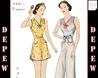 Vintage Sewing Pattern Multisize 1930s Pajama Blouse, Trousers and Shorts 30-43" Bust #2035 - INSTANT DOWNLOAD