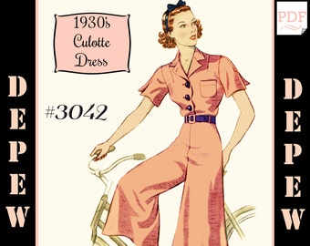 Vintage Sewing Pattern 1930s Culotte Sports Dress Depew #3042 34" Bust -INSTANT DOWNLOAD