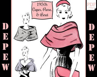 Vintage Sewing Pattern Print-at-Home 1950s Capes, Purse and Beret #3041 - INSTANT DOWNLOAD