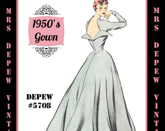 Vintage Sewing Pattern Template & Scale Rulers 1950s Long Sleeve Evening Gown in Any Size - PLUS Size Included -  5708-INSTANT DOWNLOAD-