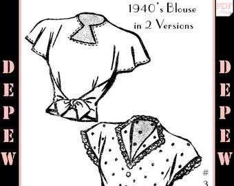 Vintage Sewing Pattern 1940's Ladies' 2 Version Blouses 34" Bust #3083 -INSTANT DOWNLOAD-