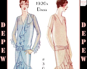 Vintage Sewing Pattern Ladies' 1920s Dress with Ruffles & Jabot #3093 - INSTANT DOWNLOAD