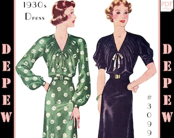 Vintage Sewing Pattern 1930s Raglan Sleeve Dress Size 38" Bust #3099 - INSTANT DOWNLOAD PDF