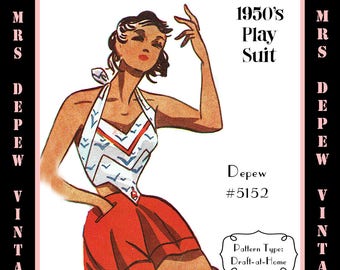 Vintage Sewing Pattern Template & Scale Rulers 1950s Play Suit Shorts, Halter Top -5152  Any Size - PLUS Size Included  -INSTANT DOWNLOAD-