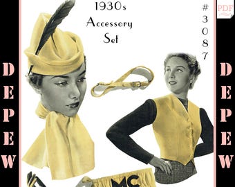 Chapeau, gilet, sac à main et écharpe vintage Sewing Pattern des années 1930 pour dames #3087 - TÉLÉCHARGEMENT INSTANTANÉ