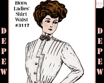 1900s Vintage Sewing Pattern 1908 Ladies' Shirt Waist Blouse 42" Bust #3117 - INSTANT DOWNLOAD