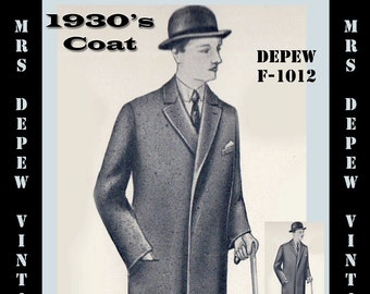Menswear Vintage Sewing Pattern 1930s Men's Coats in Any Size- Plus Size Included- Depew F-1012 -INSTANT DOWNLOAD-