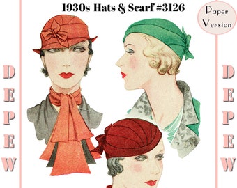 Vintage Sewing Pattern 1930s Ladies' Jaunty Hats and Scarf Set #3126 - PAPER VERSION