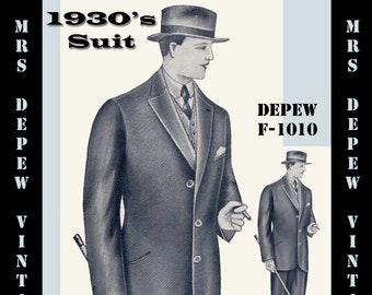 Menswear Vintage Sewing Pattern 1930's Men's Suit Coat and Trousers in Any Size Depew F-1010 - Plus Size Included -INSTANT DOWNLOAD-