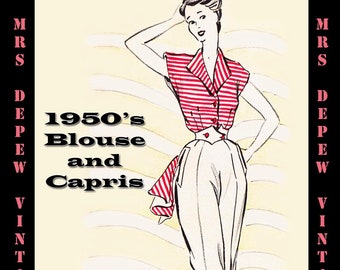 Vintage Sewing Pattern Template & Scale Rulers 1950s Capris Pants and Blouse in Any Size - PLUS Size Included -  6158 -INSTANT DOWNLOAD-