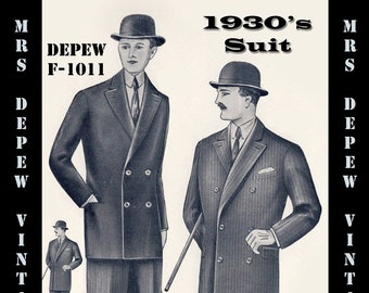 Menswear Vintage Sewing Pattern 1930's Men's Double Breasted Suit Coat and Trousers in Any Size Depew F-1011 - Plus Size -INSTANT DOWNLOAD-