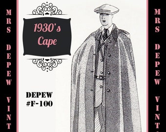 Menswear Vintage Sewing Pattern 1930's Mens' or Ladies' Cape in Any Size Depew F-100 - Plus Size Included -INSTANT DOWNLOAD-