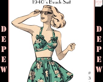 Vintage Sewing Pattern Ladies' 1940s Beach Bra and Skirt Bathing Suit #3075 - INSTANT DOWNLOAD