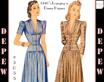 Vintage Sewing Pattern Ladies' 1940s Dinner or Lounge Pajama #3055 - INSTANT DOWNLOAD