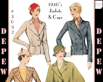 Vintage Sewing Pattern Ladies' 1930s Jacket and Cape #3052 - INSTANT DOWNLOAD