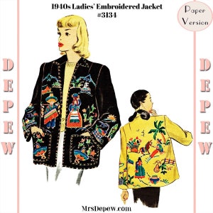 May include: Vintage 1940s embroidered jacket pattern. The black jacket features colorful embroidered designs of figures, cacti, and landscapes. The back of the jacket is yellow with similar embroidered scenes. The text "1940s Ladies' Embroidered Jacket #3134" is visible.