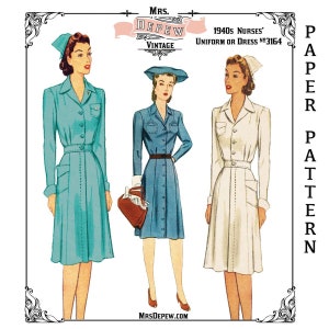 Vintage Sewing Pattern 1940s Nurses' Uniform or Shirtwaist Dress #3164 Multisize- PAPER VERSION