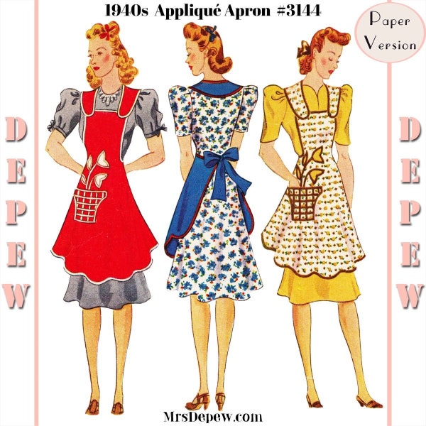 Vintage Schnittmuster 1940er Jahre Damen Schürze mit Blumentopf Applikationstasche #3144 - PAPIERVERSION