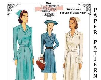 Vintage Sewing Pattern 1940s Nurses' Uniform or Shirtwaist Dress #3164 Multisize- PAPER VERSION