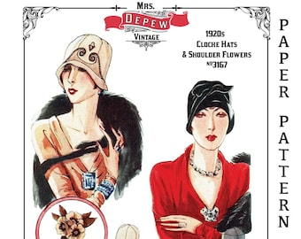 Vintage Schnittmuster 1920er Jahre Damen Filz Cloche Hüte & Schulter Blumen #3167 - PAPIERVERSION