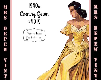 Vintage Sewing Pattern Template & Scale Rulers 1940s Evening Gown in Any Size - PLUS Size Included -  4919 -INSTANT DOWNLOAD-
