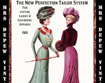 Antique 1901 The New Perfection Tailor System of Cutting Bodice & Skirt Draft Sloper Set Vintage Sewing Pattern Drafting Kit