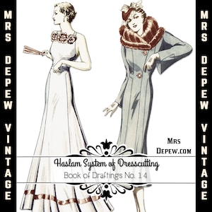 May include: Vintage illustration of two women's dress patterns from the Haslam System of Dresscutting, Book of Draftings No. 14. One pattern is for a long, white dress with a floral detail at the neckline. The other pattern is for a blue coat with a fur collar.