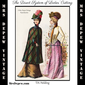 May include: Two women in vintage clothing from the early 1900s. The woman on the left is wearing a green and black plaid cape over a brown dress. The woman on the right is wearing a pink dress with a white jacket and a hat with a bow. The image is a reproduction of a vintage illustration.