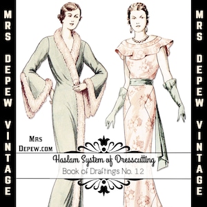 Op de afbeelding: Vintage illustratie van twee vrouwen in elegante jurken. Eén draagt een lange, lichtgroene jas met bont, de ander een jurk met bloemenprint. De afbeelding bevat tekst: "Haslam System of Dresscutting, Book of Draftings No. 12."