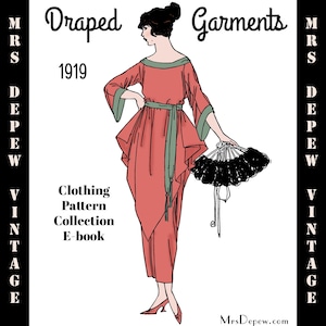 Puede incluir: Una ilustración vintage de una mujer con un vestido rojo drapeado con una cinta verde y un abanico negro. El texto "Draped Garments 1919" está en la parte superior de la imagen. El texto "Mrs. Depew Vintage Clothing Pattern Collection E-book" está en el lado izquierdo de la imagen.